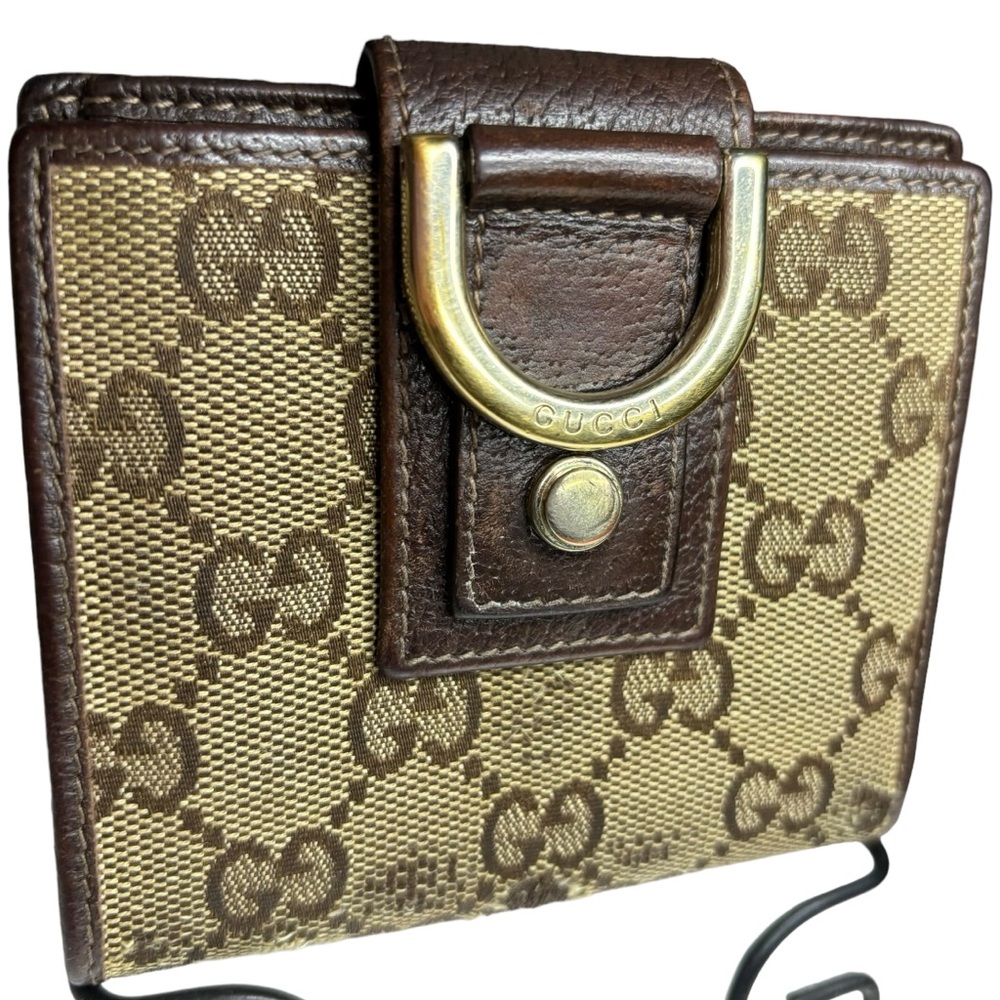 Gucci Vintage Abbey Monogram GG Canvas and Leather Gold Buckle BiFold Wallet